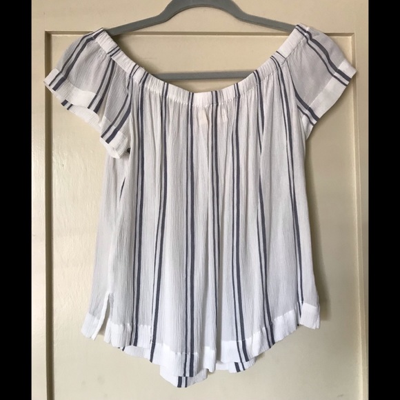 Cloth & Stone Anthropologie Blue White Striped Off Shoulder Blouse Top Small - Picture 2 of 6